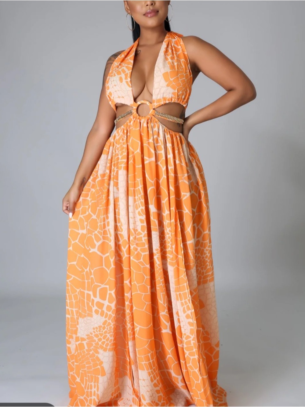 JLUX LABEL Orange Printed Halter Maxi Dress